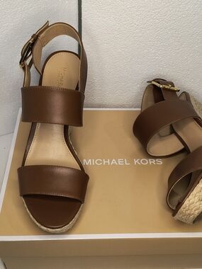 Michael Kors Brown Leather Espadrille Wedge Sandals with Gold Buckle